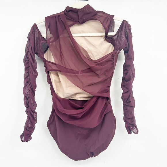 Balera Burgundy Mesh Draped Lyrical Dance Leotard Ruched Long Sleeve Size MA - Picture 7 of 7